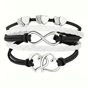 Black & White Leather Multi Layer Double Heart Infinity Bracelet
